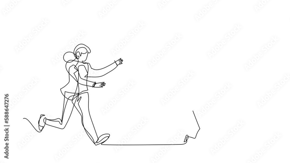 Poster animated self drawing of continuous line draw businesswoman run chasing try to catch clipboard. mana