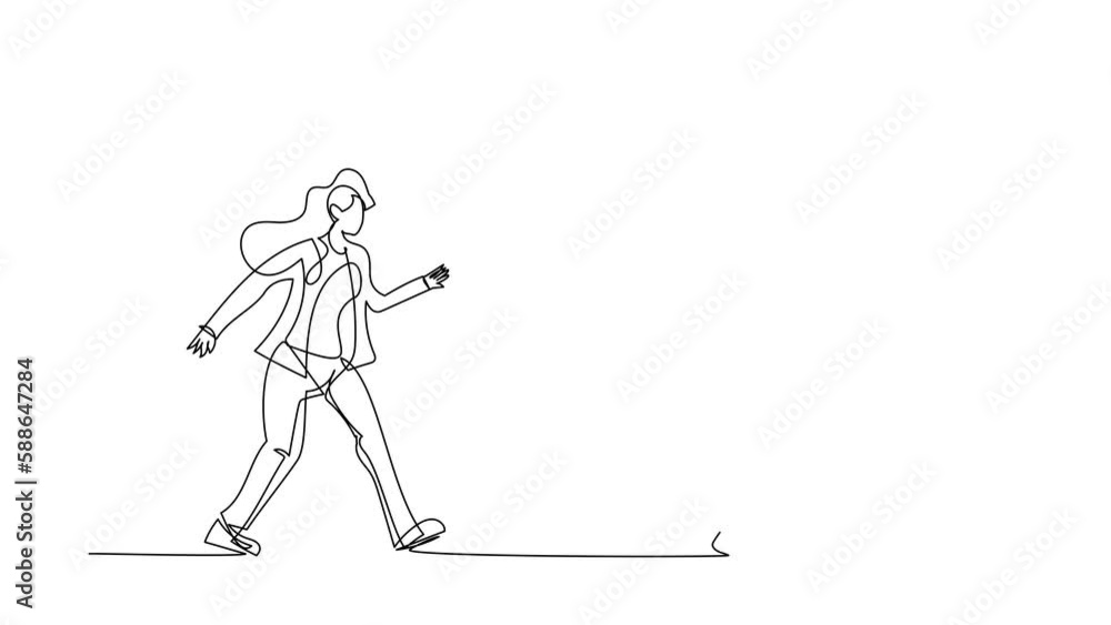 Aufkleber animated self drawing of continuous line draw businesswoman run chasing try to catch briefcase. chas