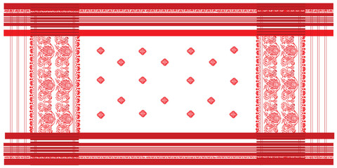 gamosa or gamusa from assam.gamosa textile pattern. gamosa or gamusa is an article of significance for the indigenous people of Assam, India. It is generally a white rectangular piece of cloth . - obrazy, fototapety, plakaty