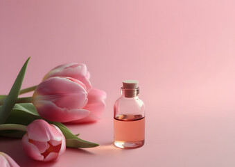 Obraz na płótnie Canvas Aromatic Essential Oil in Glass Bottle with Beautiful Fresh Tulip Flowers isolated on pink background, Generative AI