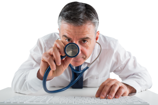 Mature businessman running diagnostics