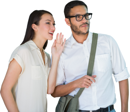 Woman whispering into male friends ear - Powered by Adobe