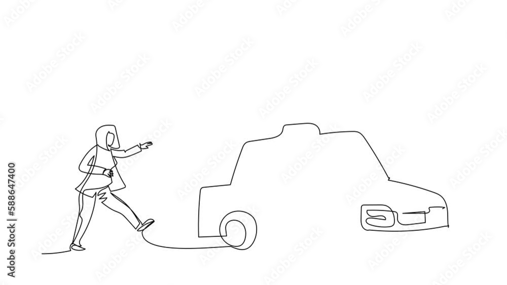 Poster animated self drawing of continuous line draw businesswoman run chasing try to catch taxi. hurry run