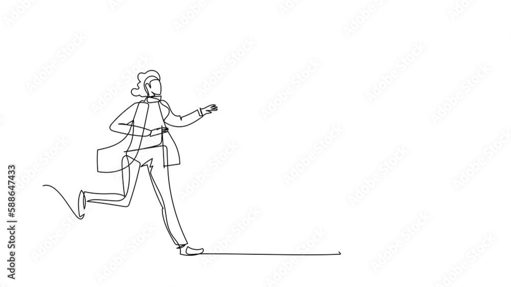 Poster animated self drawing of continuous line draw businesswoman run chasing try to catch idea light bulb