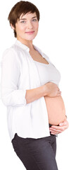 Portrait of happy pregnant woman with hands on belly