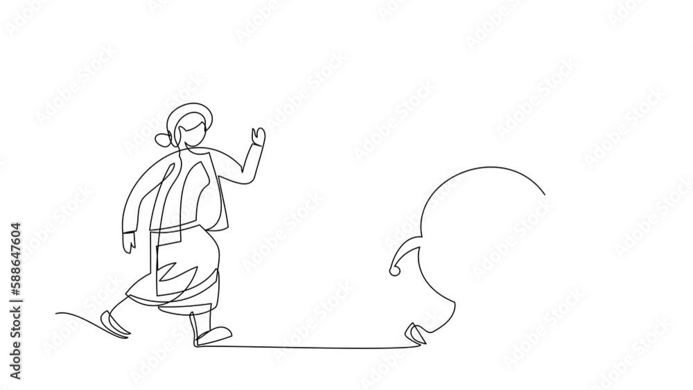 Poster animated self drawing of continuous line draw businesswoman run chasing try to catch big dart target