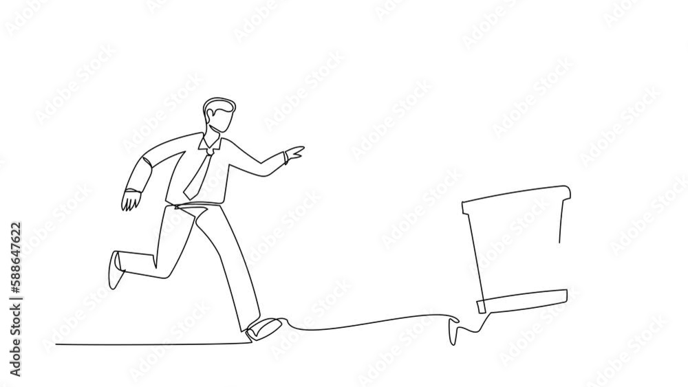 Poster animated self drawing of continuous line draw businessman run chasing try to catch hourglass. concep