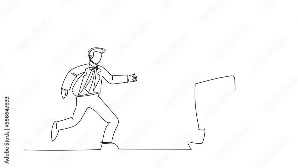 Poster self drawing animation of single one line draw businessman run chasing try to catch text book. offic