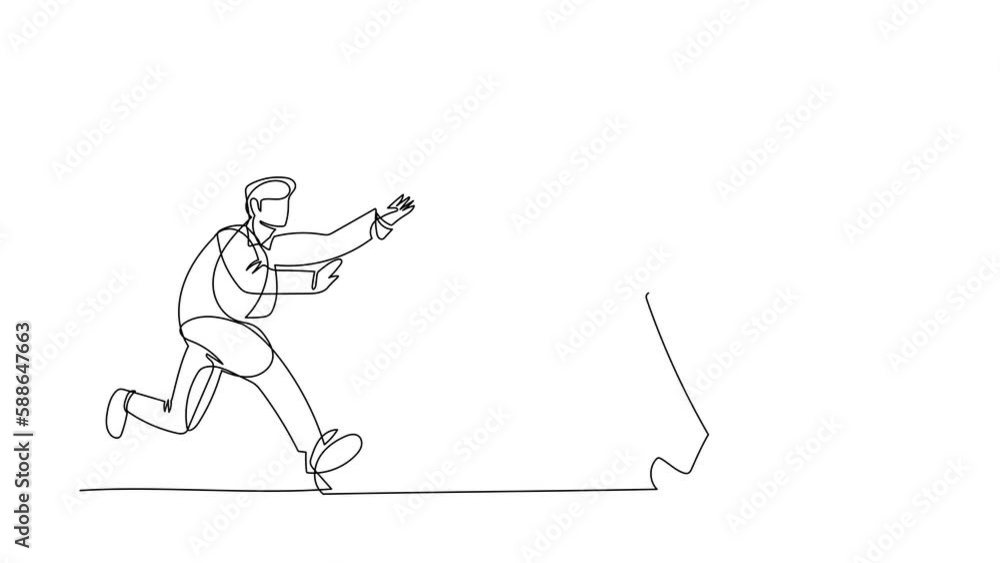 Poster animated self drawing of continuous line draw businessman run chasing try to catch clipboard. manage