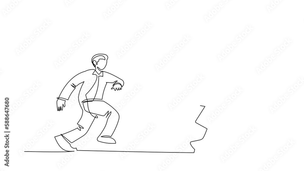 Poster animated self drawing of continuous line draw businessman run chasing try to catch briefcase. chasin