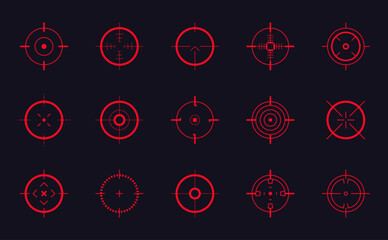 Crosshair gun sight vector icons set. Bullseye, target or aim symbol. Futuristic aim pointer. Military rifle scope, shooting mark sign. Targeting, aiming. Archery, hunting vector. Game UI element.