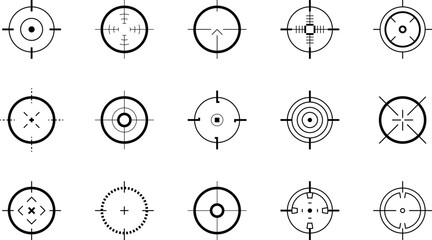 Crosshair gun sight vector icons set. Bullseye, target or aim symbol. Futuristic aim pointer. Military rifle scope, shooting mark sign. Targeting, aiming. Archery, hunting vector. Game UI element.