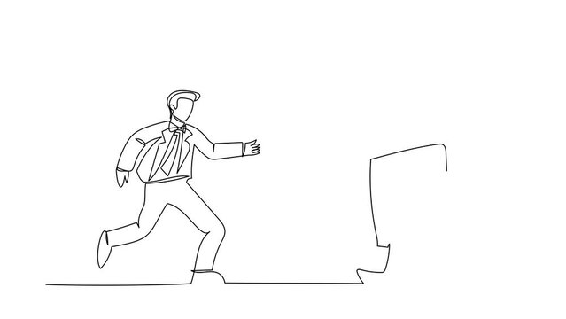 Self drawing animation of single one line draw businessman run chasing try to catch text book. Office worker being chased by work. Running out of time. Business. Continuous line. Full length animated