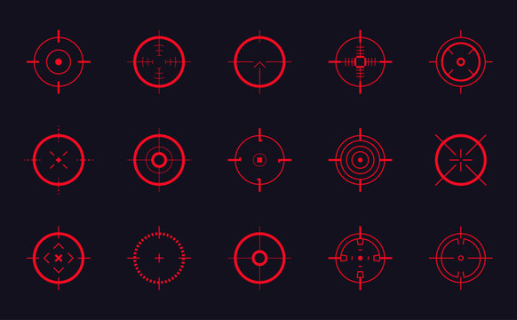 Crosshair gun sight vector icons set. Bullseye, target or aim symbol. Futuristic aim pointer. Military rifle scope, shooting mark sign. Targeting, aiming. Archery, hunting vector. Game UI element.