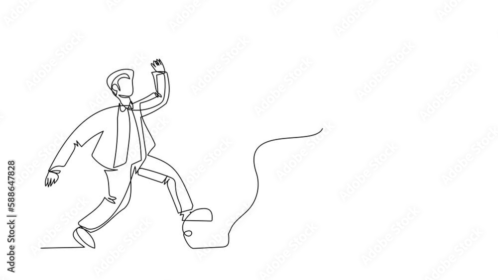 Poster animated self drawing of single continuous line draw businessman run chasing try to catch flying roc