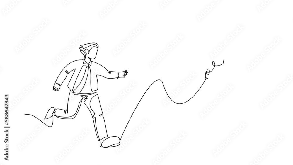 Poster animated self drawing of continuous line draw businessman run chasing try to catch flying light bulb