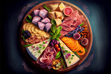 Food charcuterie board with meats and cheeses, generative AI illustration
