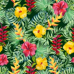 Fotobehang Tropical leaves and flowers watercolor seamless pattern. Exotic jungle plants endless background for wallpaper and fabric. Hawaiian hand drawn backdrop style. © Olga Shulgina