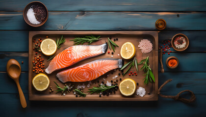 Delicious Fresh Salmon with Vibrant Vegetables and Aromatic Spices on a Rustic Wooden Table, Generative AI
