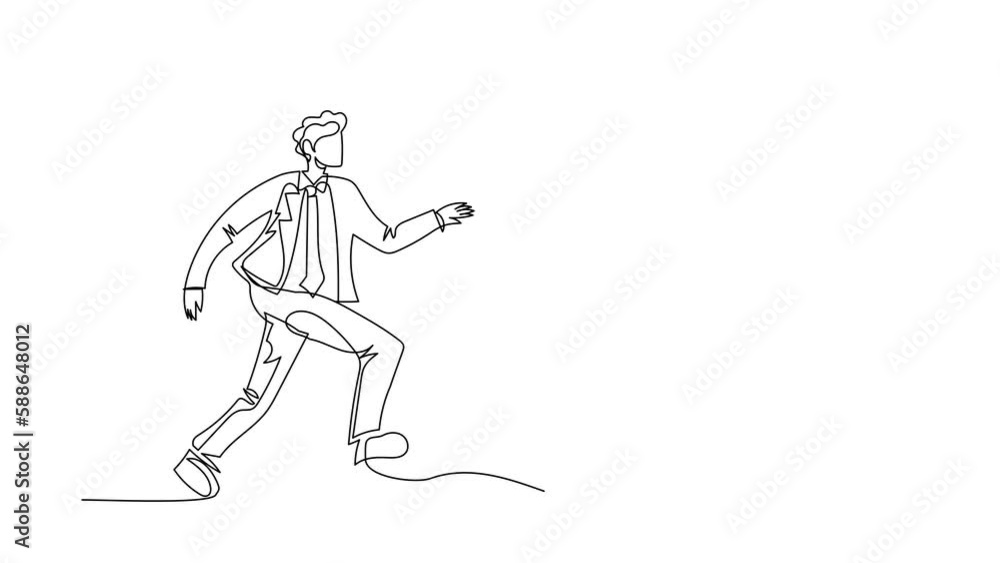 Poster animated self drawing of continuous line draw businessman chasing wallet, trying to catch it, return