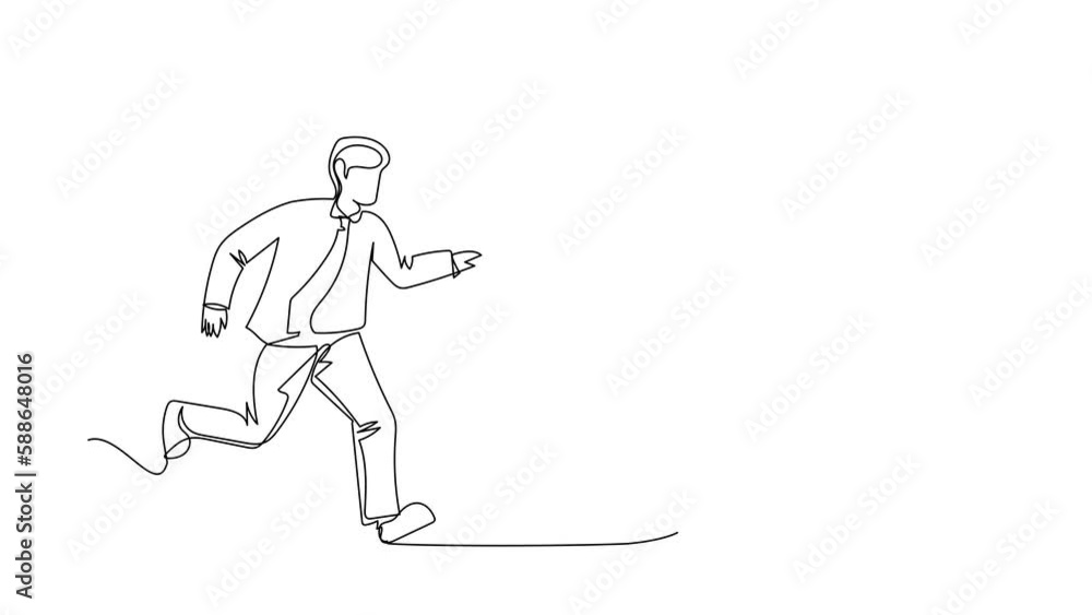 Poster self drawing animation of single one line draw businessman chasing dollar symbol, trying to catch it