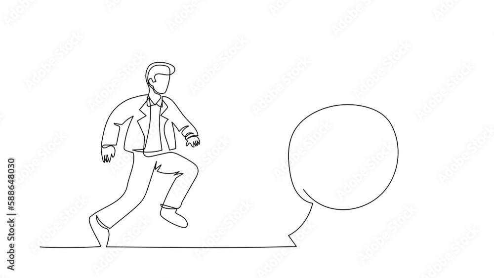 Poster animated self drawing of continuous line draw businessman run chasing try to catch big dart target. 
