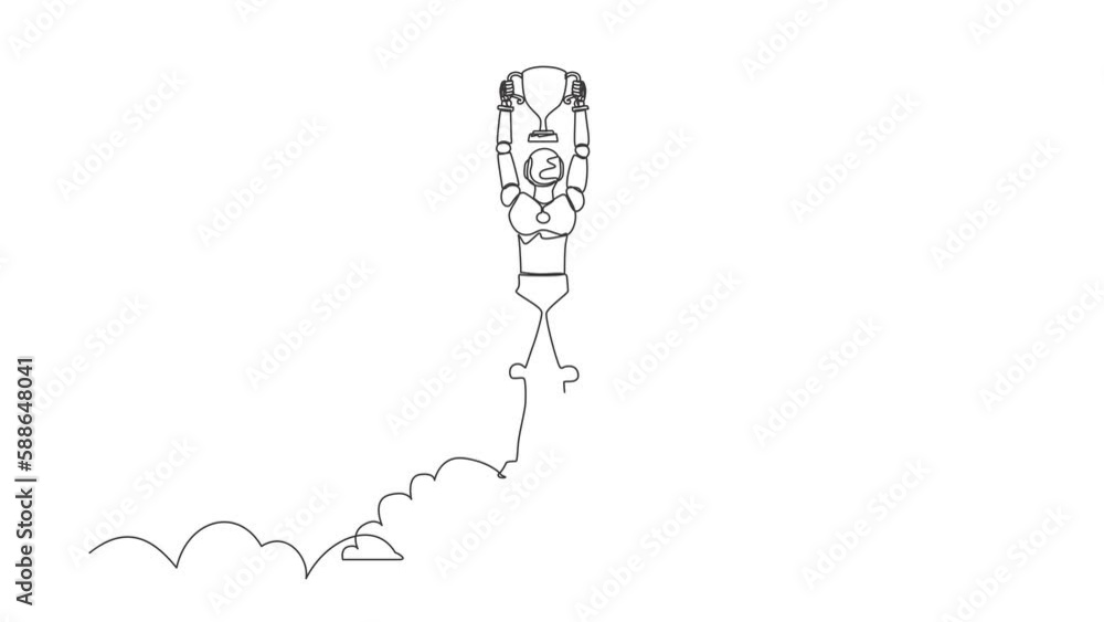 Poster animated self drawing of continuous line draw robot holding trophy in cloud. showing award celebrate