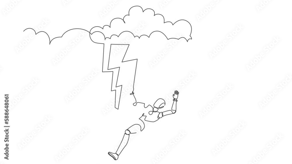 Poster animated self drawing of continuous line draw robot struck by lightning or thunder from dark cloud. 