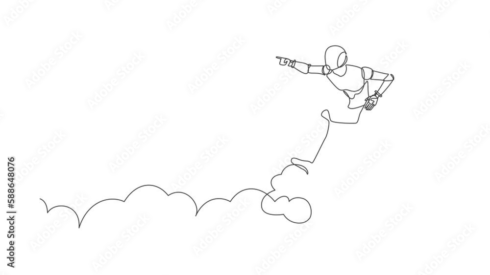 Poster animated self drawing of continuous one line draw robot ride cloud, pointing forward, go to future. 