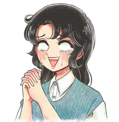 白眼をむいて号泣する、レトロな少女まんが風の女性