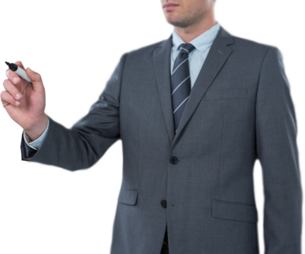 Businessman writing with marker invisible screen - Powered by Adobe
