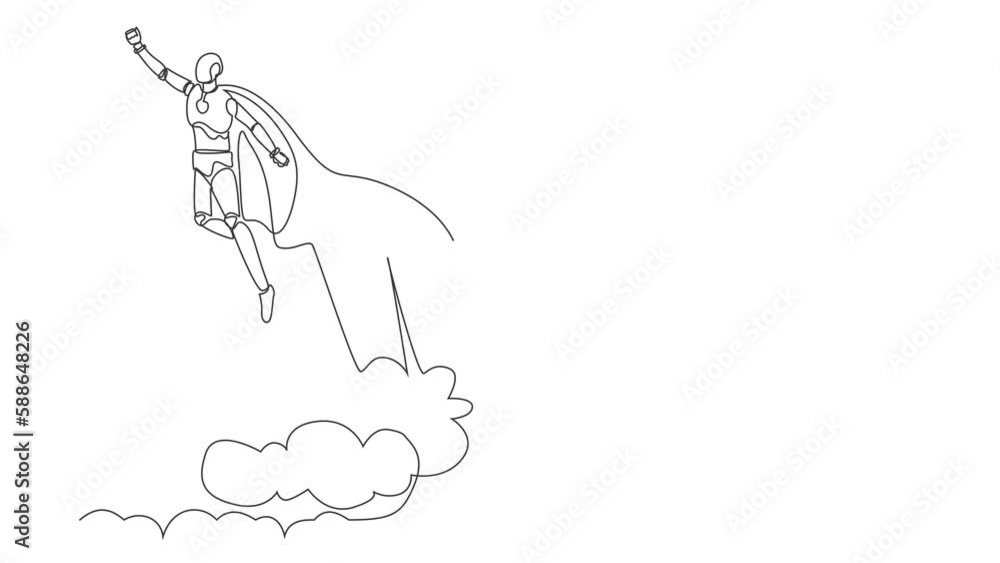 Poster animated self drawing of continuous line draw robot superhero flies up and leaves cloud of dust. mod