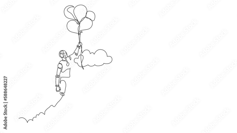 Poster animated self drawing of continuous line draw robot floating with balloon. robot holding balloon fly