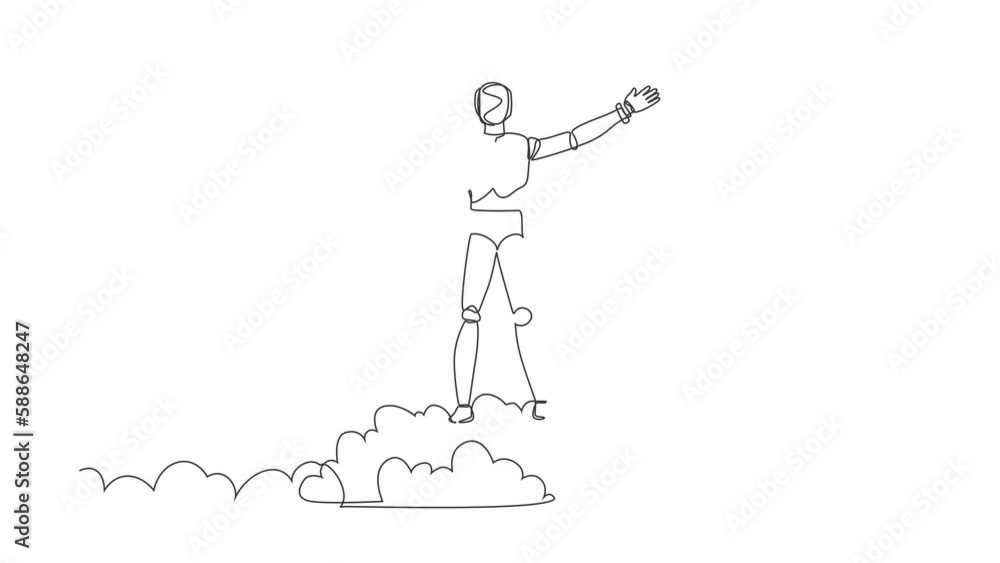 Poster animated self drawing of continuous one line draw robot on top of cloud with raised hands. humanoid 
