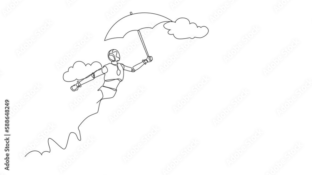 Poster animated self drawing of single continuous line draw robot flying in the sky with his umbrella. mode