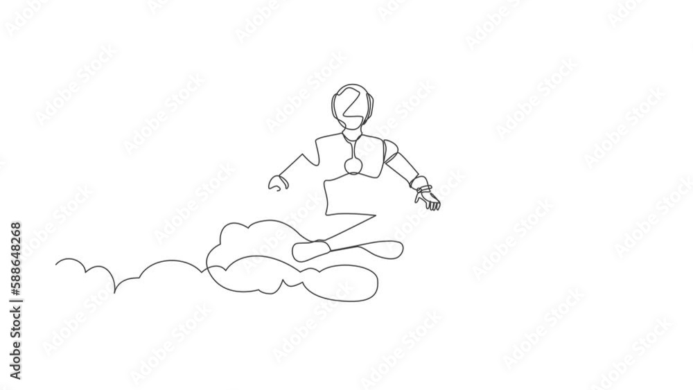 Poster self drawing animation of single line draw robot relaxes meditation in lotus position on clouds. fut