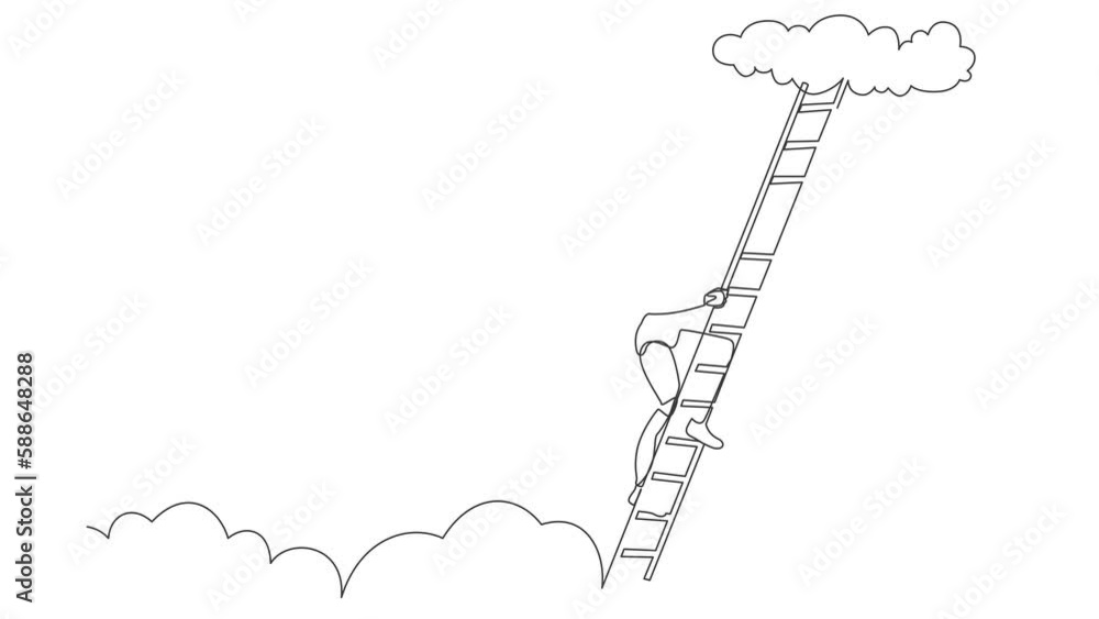 Poster self drawing animation of single line draw robot climbing up career ladder to cloud. future technolo