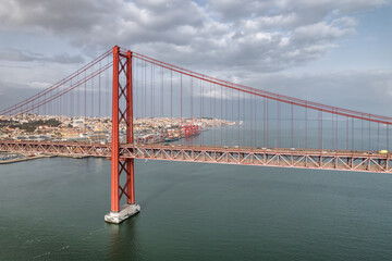 Aerial view of the 25 de Abril Bridge in Lisbon, Portugal