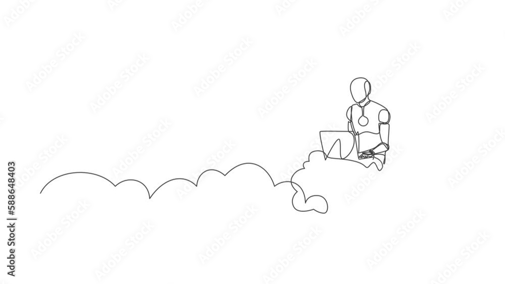 Poster self drawing animation of single line draw robot sitting on cloud in sky working with laptop. future