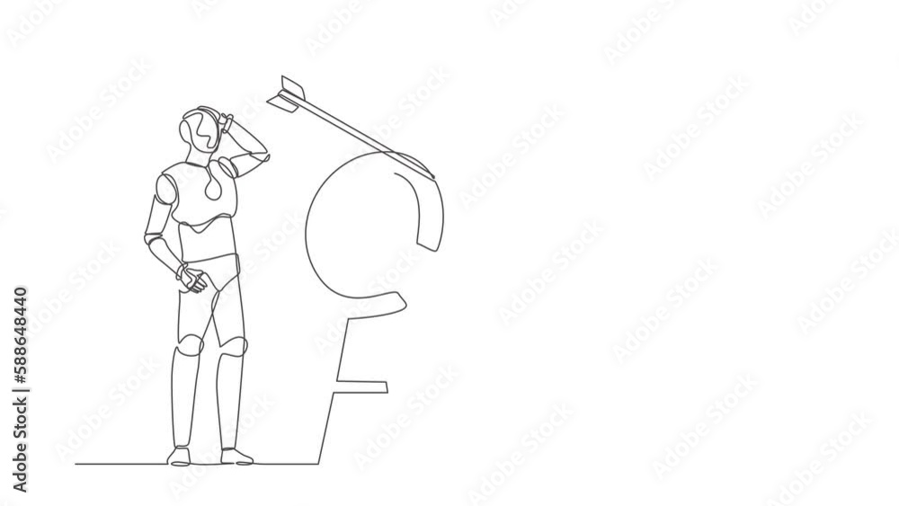 Poster animated self drawing of continuous line draw robot arrow missed at target. failed hit archery targe