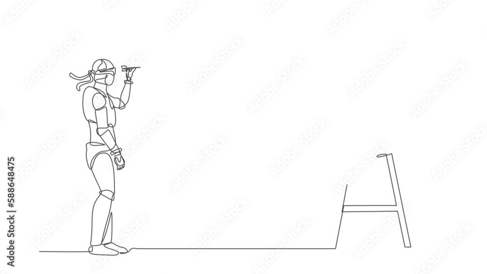 Poster self drawing animation of single line draw robot using blindfold hit darts target. future technology