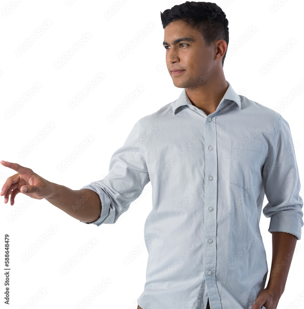 Poster man pretending to touch an invisible screen