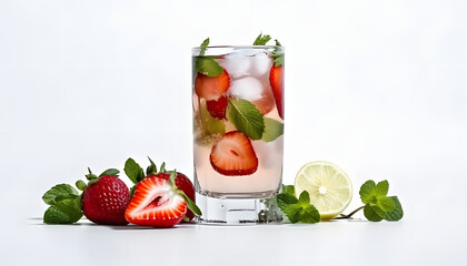 Refreshing Strawberry Lemonade with Crushed Ice and Mint isolated on white, Generative AI