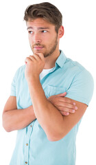 Obraz premium Handsome young man thinking with hand on chin
