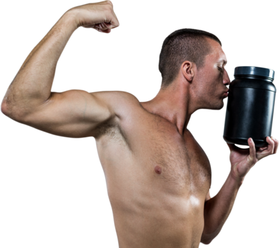 Athlete flexing muscles while kissing nutritional supplement container 