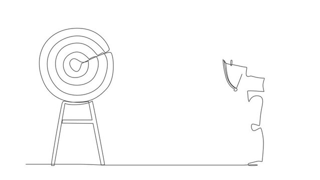 Animated self drawing of continuous line draw blindfold robot holding bow arrow looking for target. Humanoid robot cybernetic organism. Future robotics development. Full length single line animation