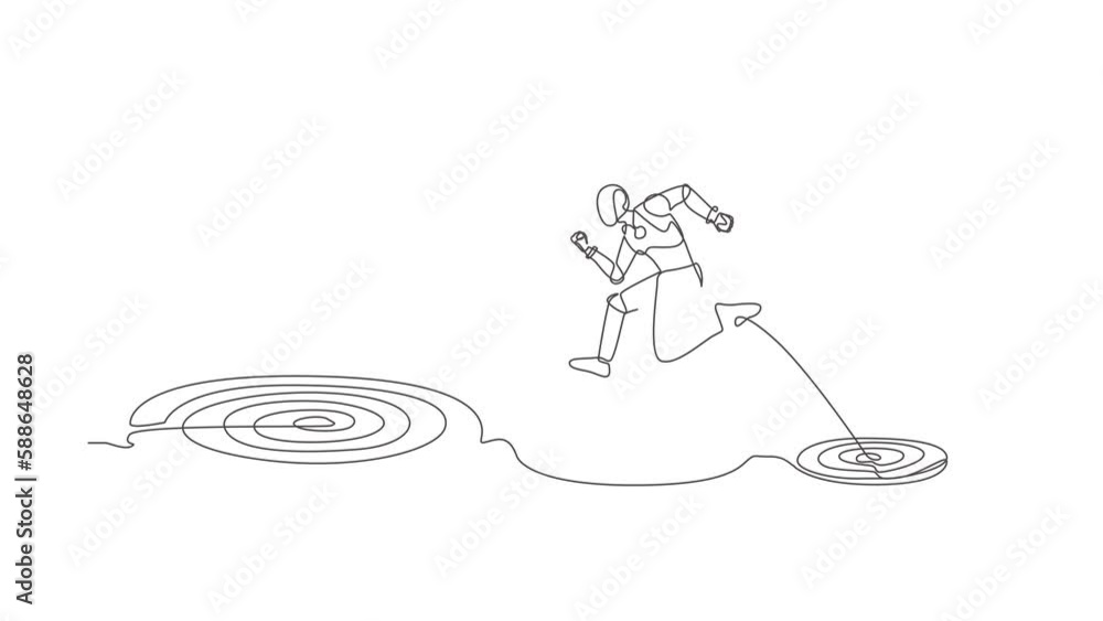 Poster animated self drawing of continuous line draw robot jumping on bigger target, successfully. advancem