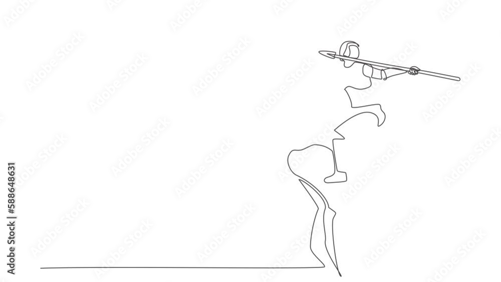 Poster animated self drawing of continuous line draw robot standing on peak of cliff targeting dartboard wi