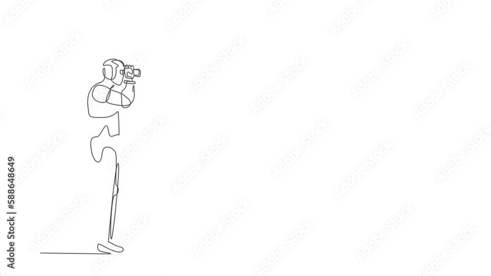 Poster self drawing animation of single line draw robot looking opportunities with binoculars in hand. futu