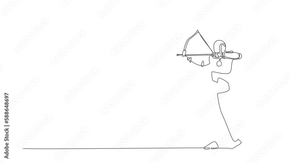 Poster animated self drawing of single continuous line draw robot trying to shoot target with blindfold. mo